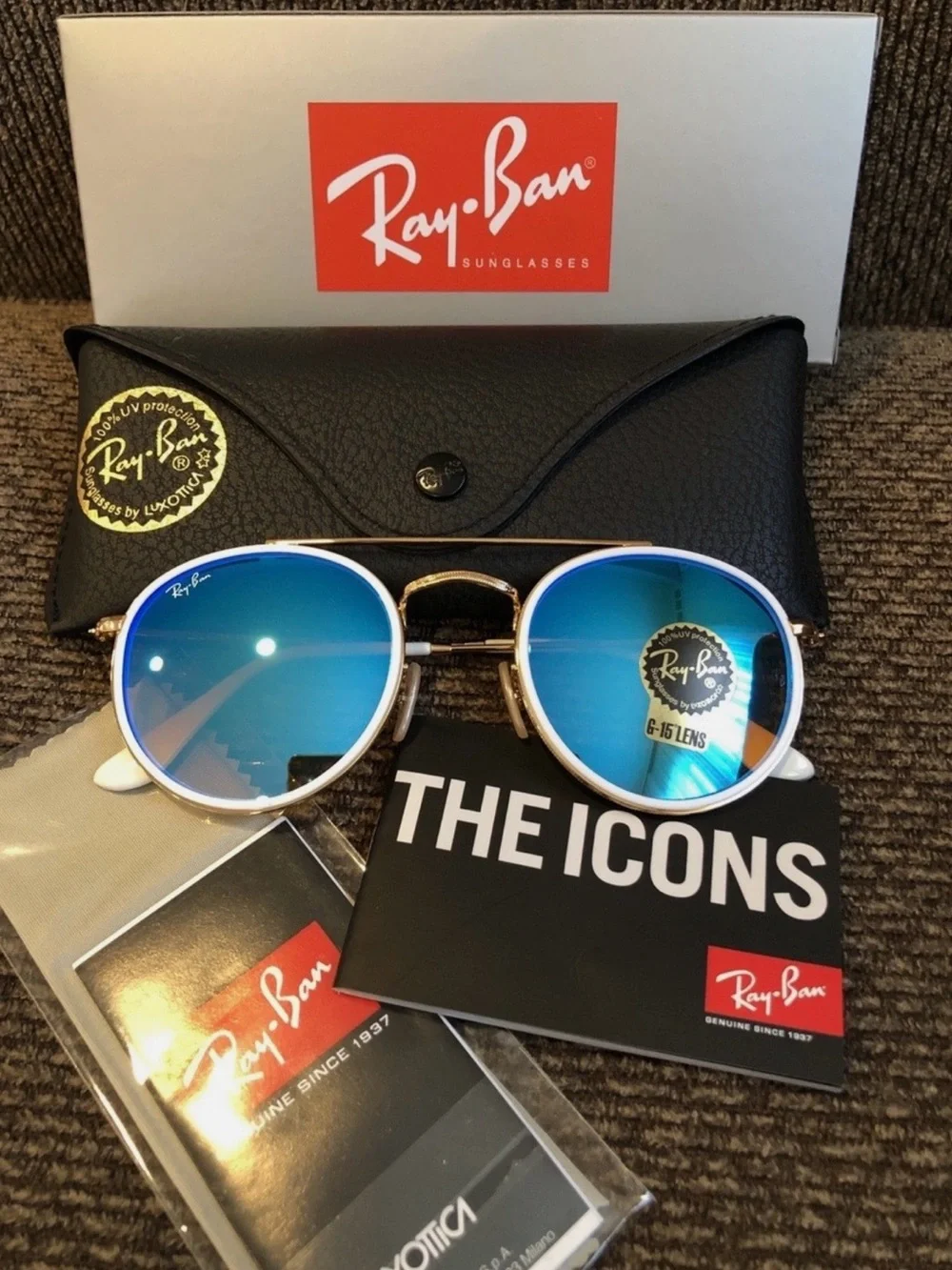 Ray-Ban Gold Frame Sunglasses with Blue Mirror Lenses and White Trim